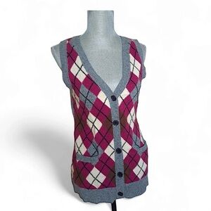 CAbi Pink and Gray Argyle Sweater Vest